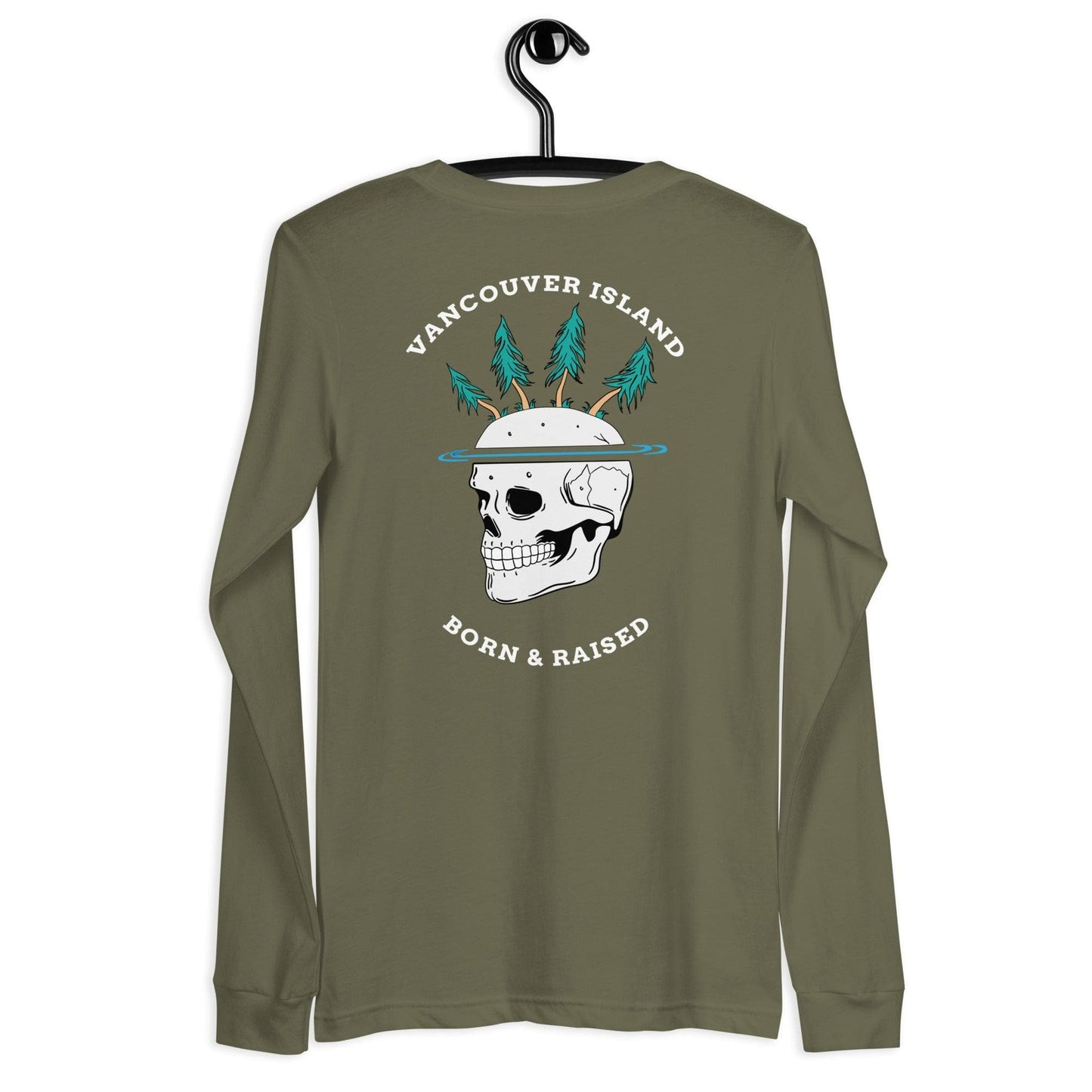 Design of Vancouver Island Born & Raised Skull - Unisex Long Sleeve Tee , the colour is Military Green