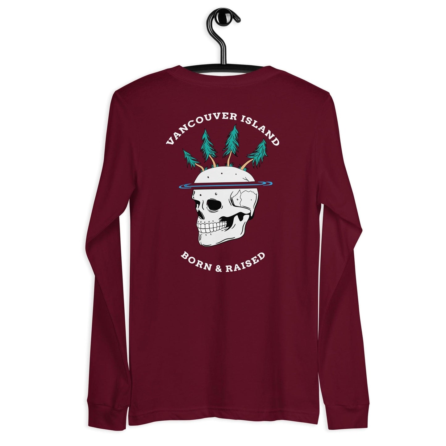 Design of Vancouver Island Born & Raised Skull - Unisex Long Sleeve Tee , the colour is Maroon