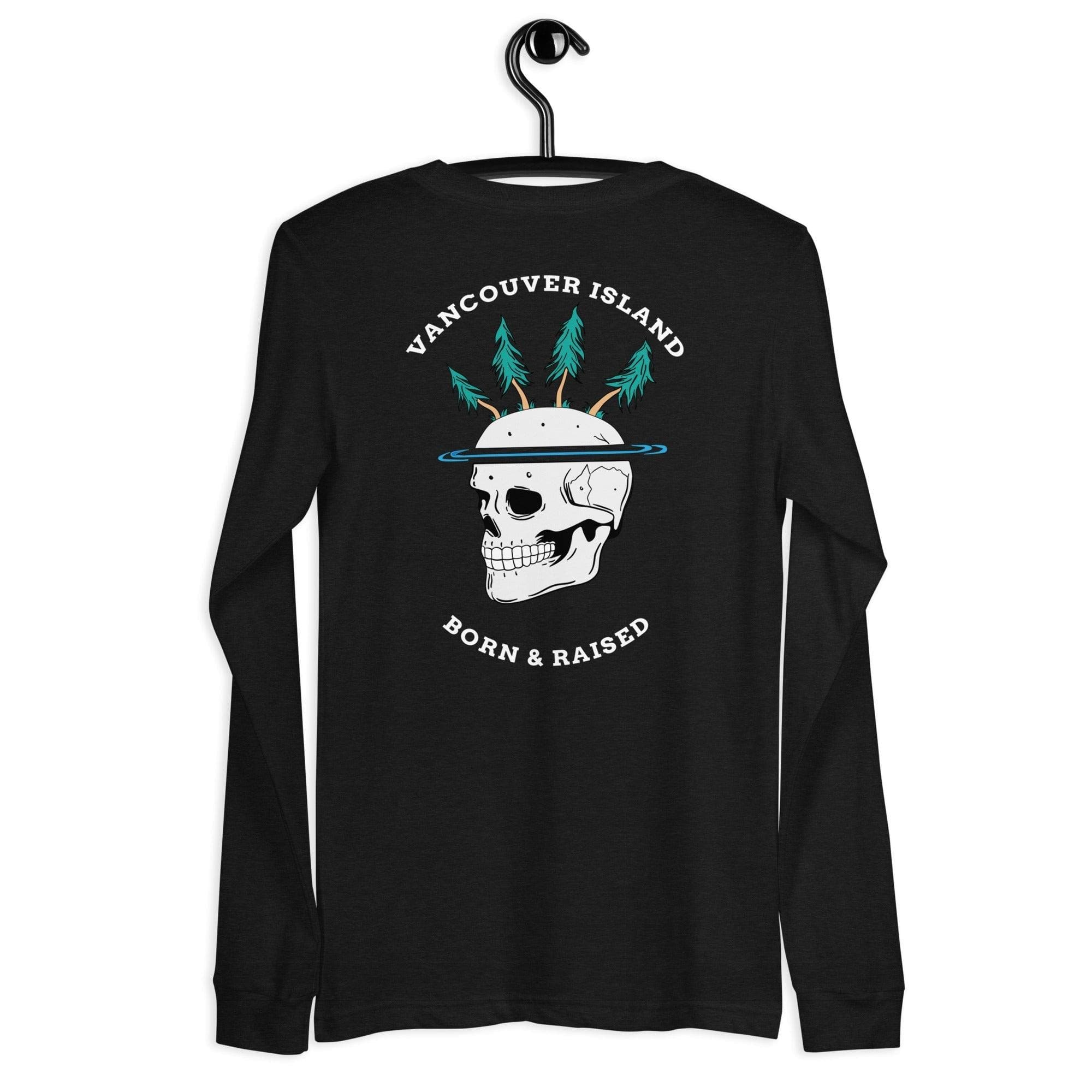 Design of Vancouver Island Born & Raised Skull - Unisex Long Sleeve Tee , the colour is Black Heather