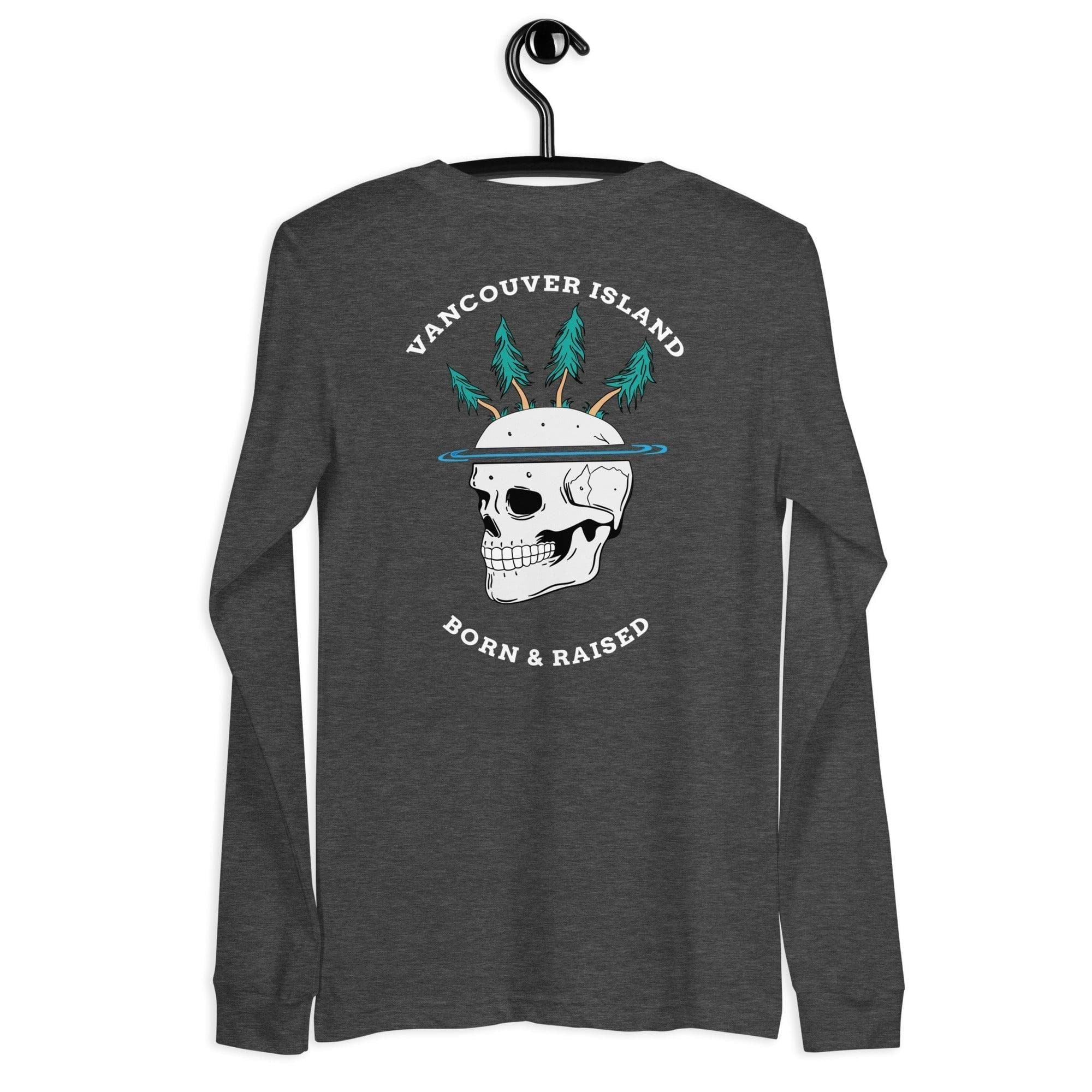 Design of Vancouver Island Born & Raised Skull - Unisex Long Sleeve Tee , the colour is Dark Grey Heather