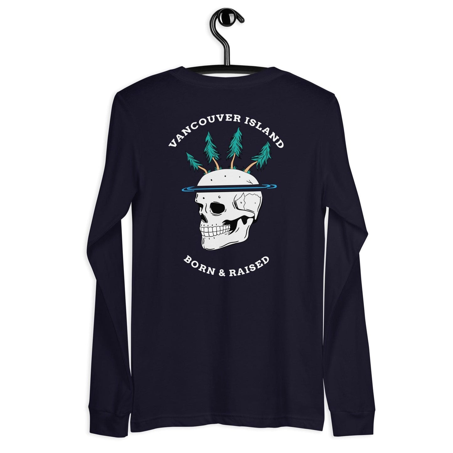 Design of Vancouver Island Born & Raised Skull - Unisex Long Sleeve Tee , the colour is Navy