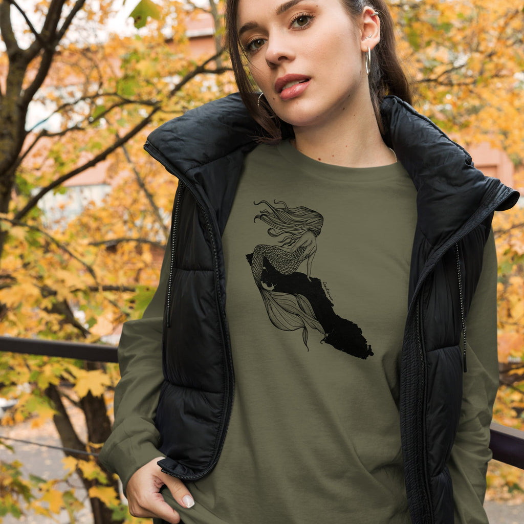 Design of Vancouver Island Mermaid - Unisex Long Sleeve Tee , the colour is Military Green