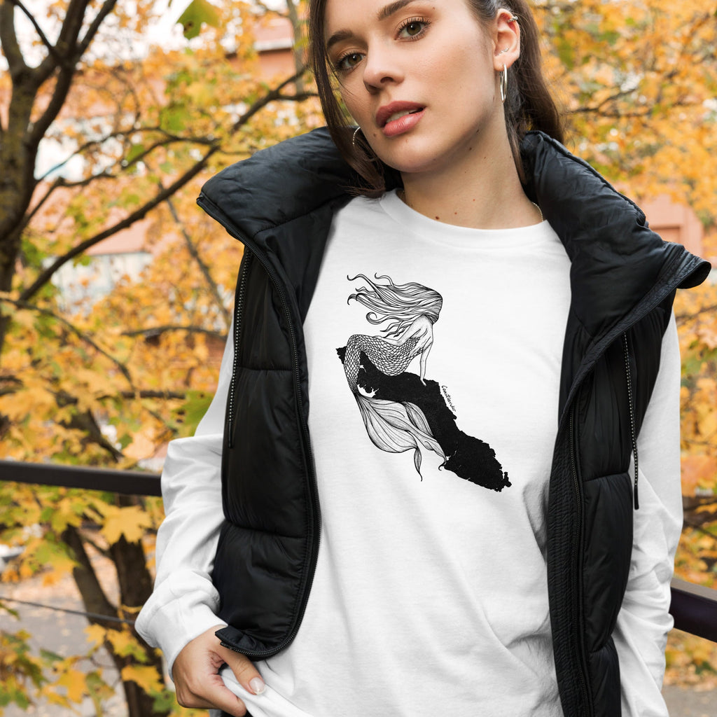 Design of Vancouver Island Mermaid - Unisex Long Sleeve Tee , the colour is White