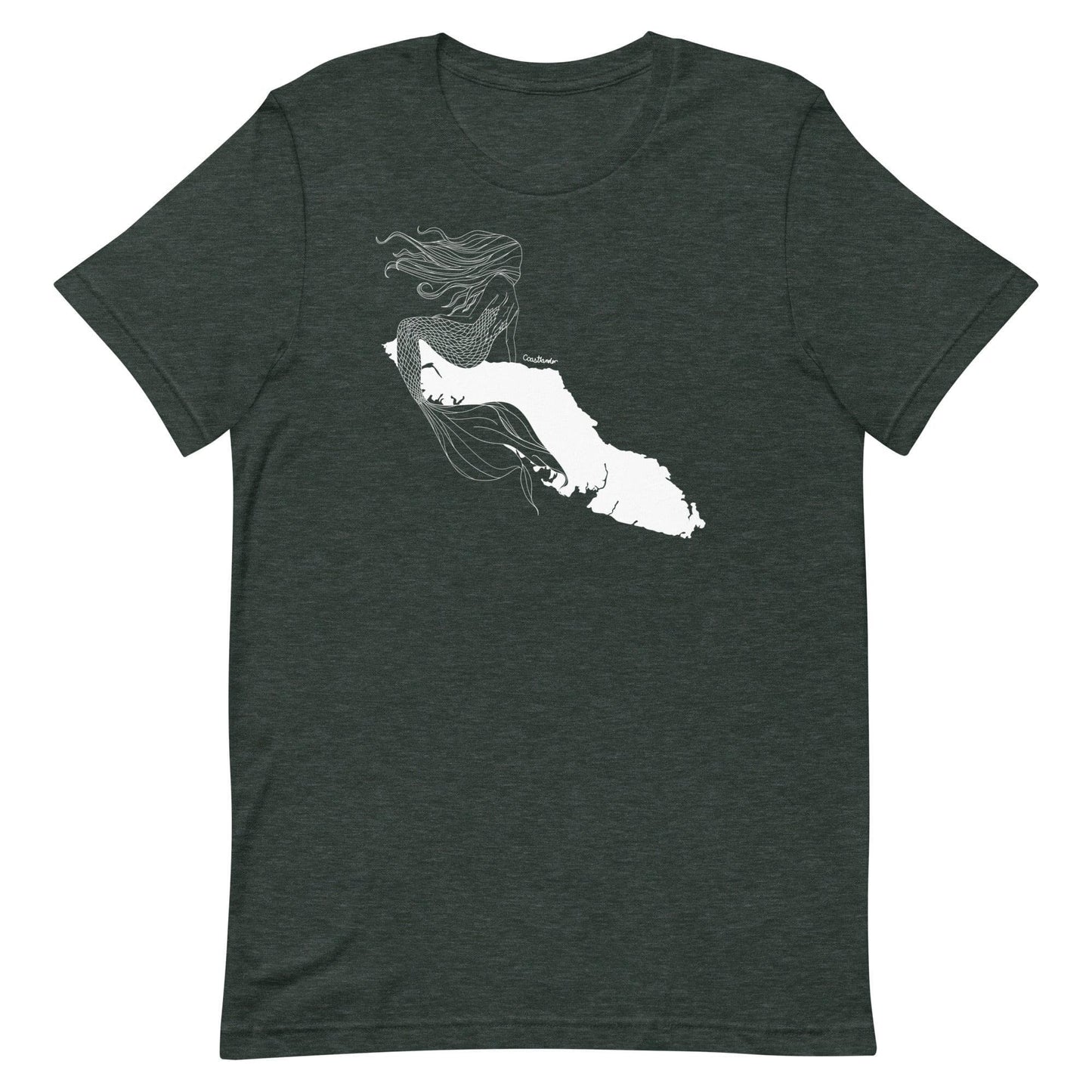 Design of Vancouver Island Mermaid - Unisex t-shirt , the colour is Heather Forest