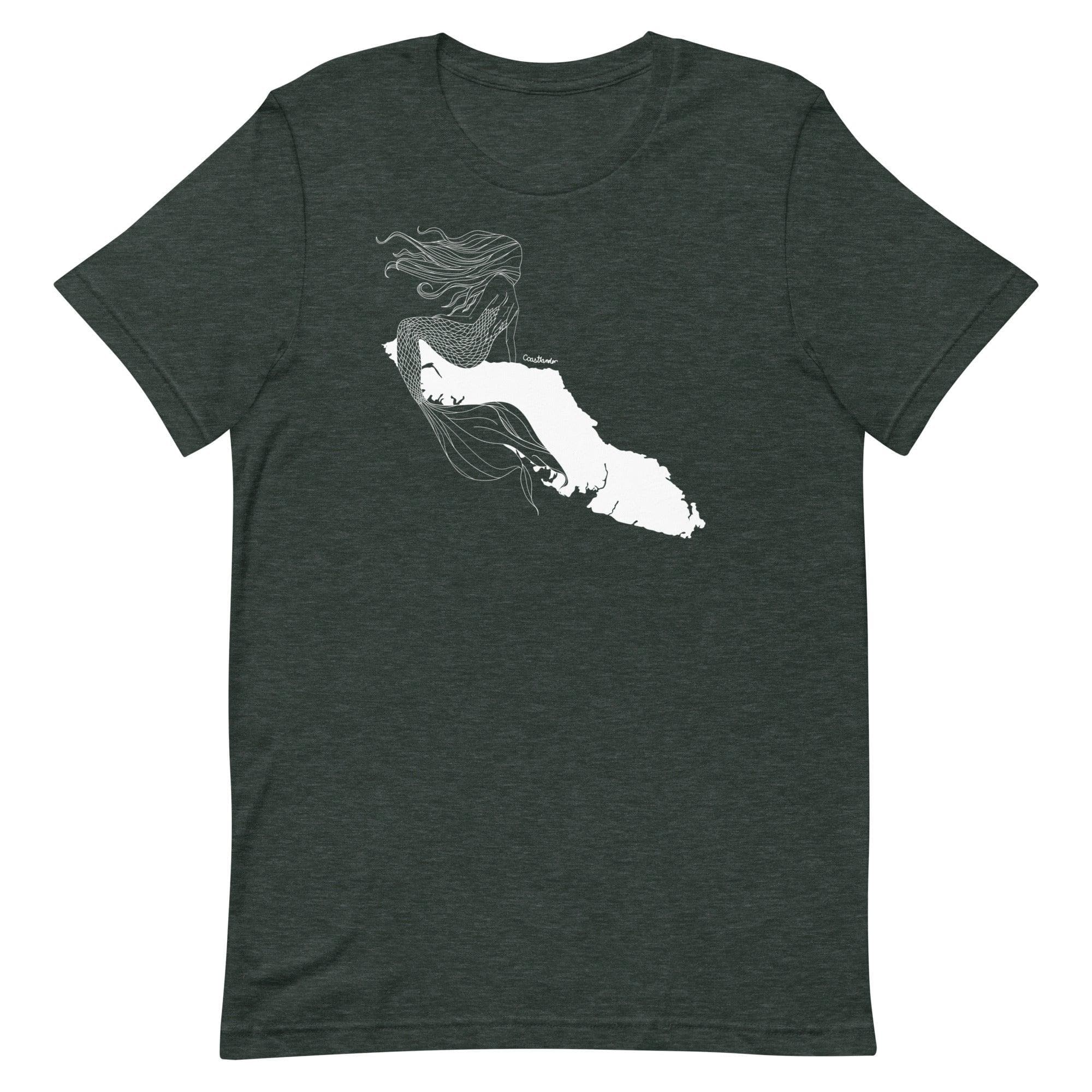 Design of Vancouver Island Mermaid - Unisex t-shirt , the colour is Heather Forest