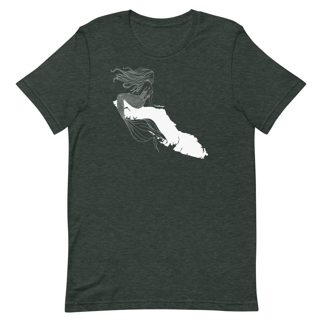 Design of Vancouver Island Mermaid - Unisex t-shirt , the colour is Heather Forest