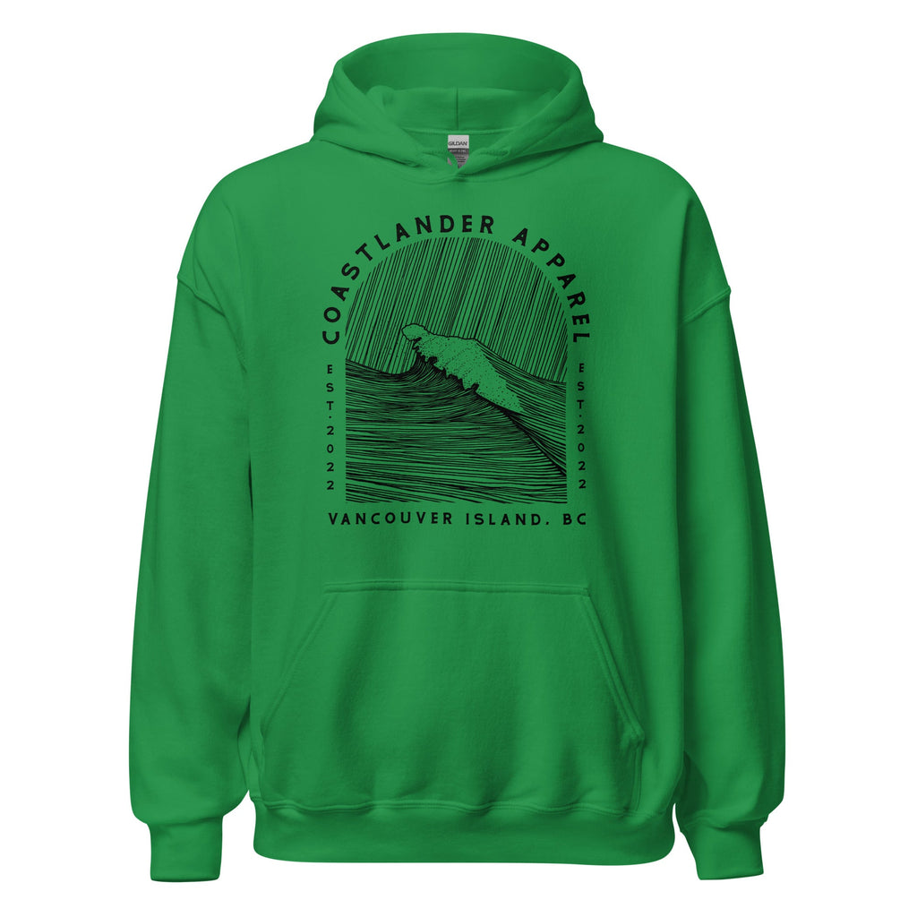 Design of Vancouver Island Wave Design - Black Line Art - Unisex Hoodie , the colour is Irish Green