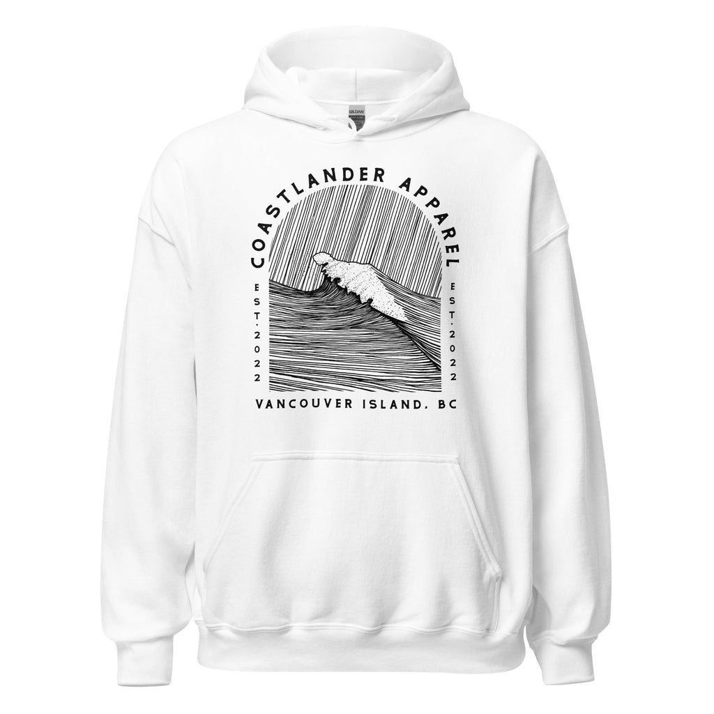 Design of Vancouver Island Wave Design - Black Line Art - Unisex Hoodie , the colour is White