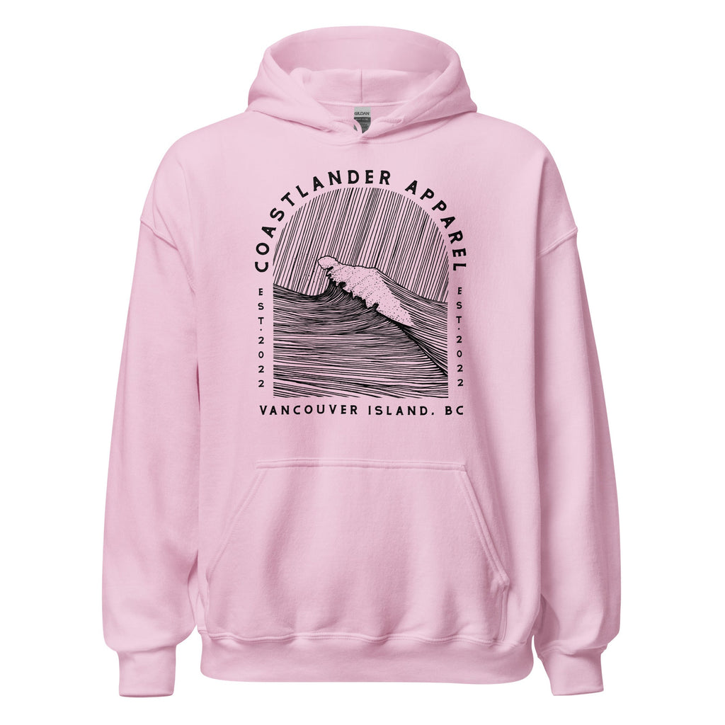 Design of Vancouver Island Wave Design - Black Line Art - Unisex Hoodie , the colour is Light Pink