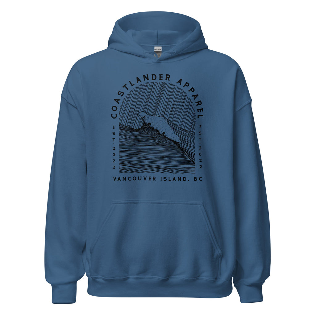 Design of Vancouver Island Wave Design - Black Line Art - Unisex Hoodie , the colour is Indigo Blue