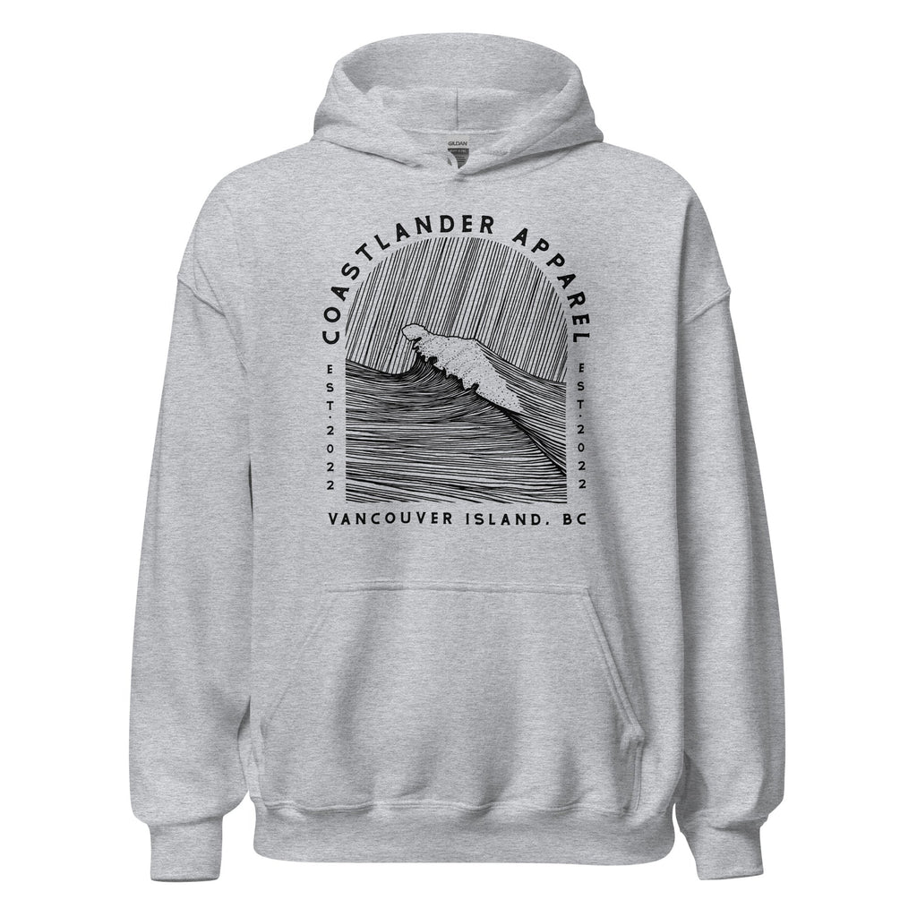 Design of Vancouver Island Wave Design - Black Line Art - Unisex Hoodie , the colour is Sport Grey