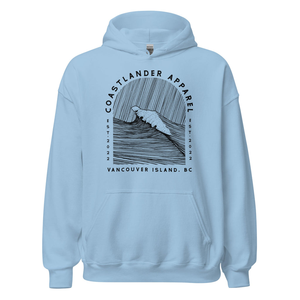 Design of Vancouver Island Wave Design - Black Line Art - Unisex Hoodie , the colour is Light Blue
