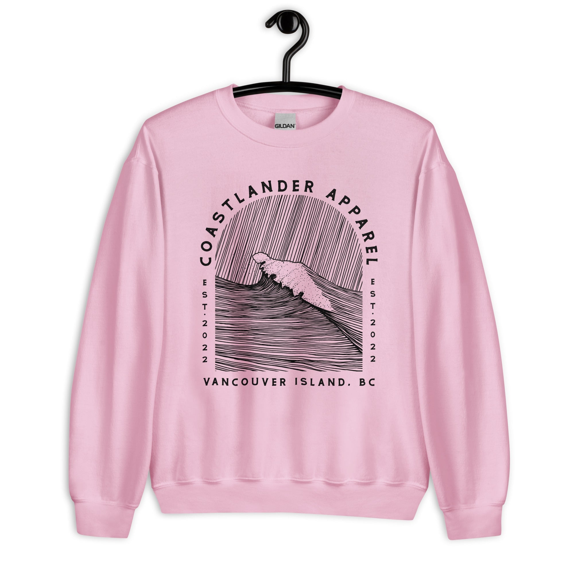 Design of Vancouver Island Wave Design - Black Line Art - Unisex Sweatshirt , the colour is Light Pink