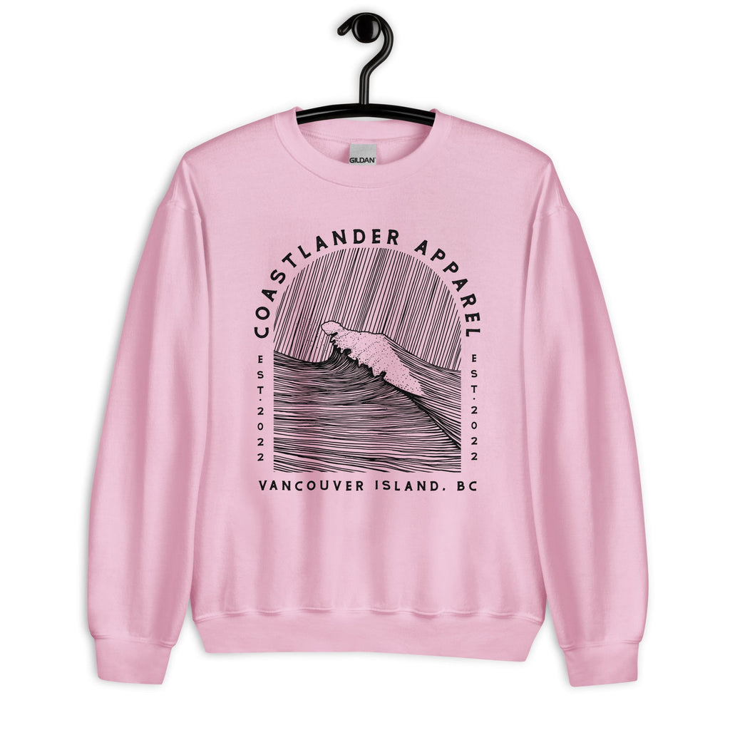 Design of Vancouver Island Wave Design - Black Line Art - Unisex Sweatshirt , the colour is Light Pink