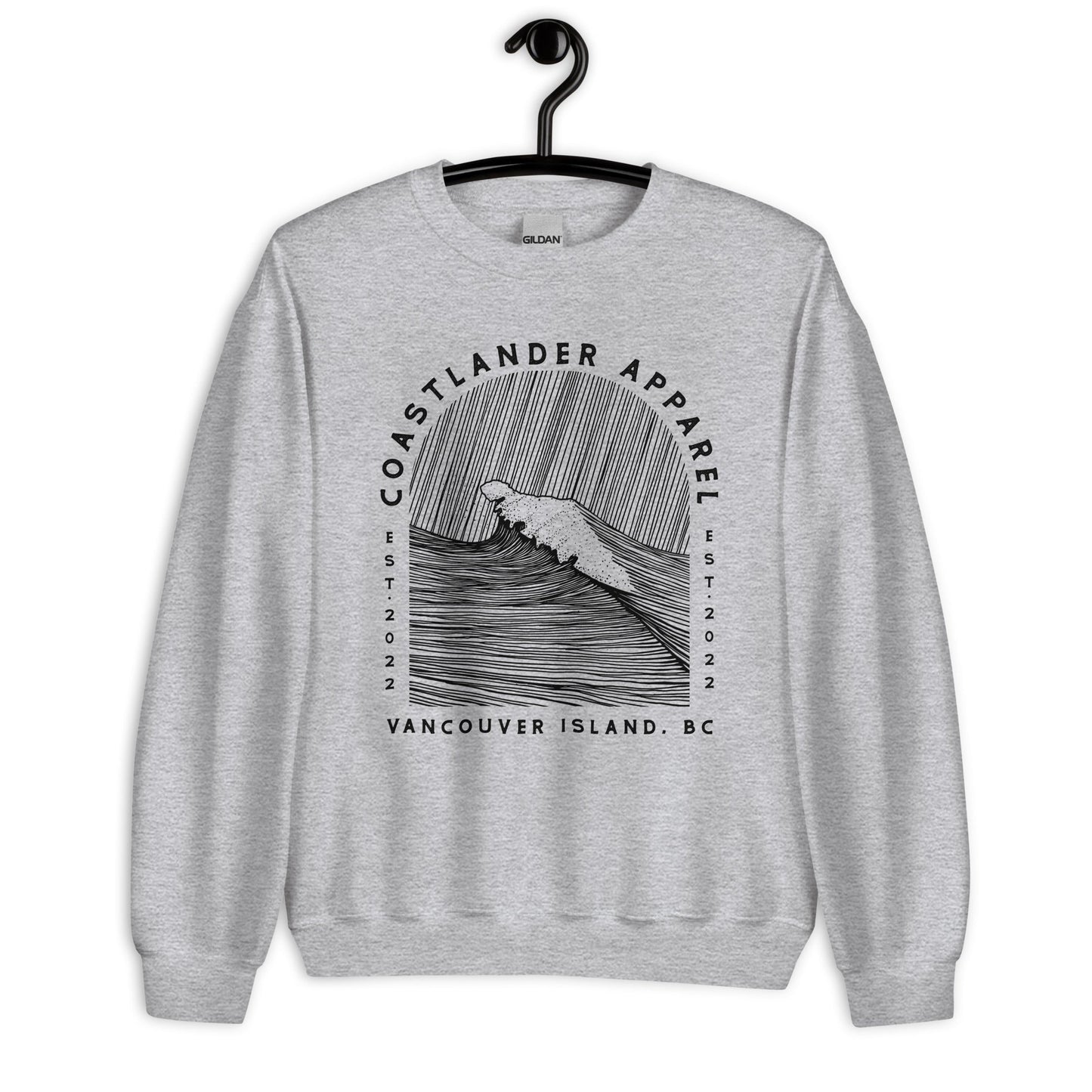 Design of Vancouver Island Wave Design - Black Line Art - Unisex Sweatshirt , the colour is Sport Grey