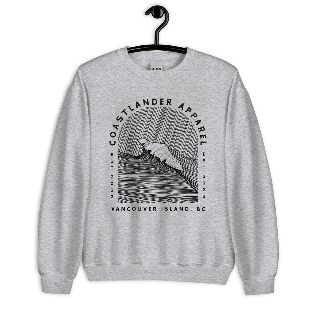Design of Vancouver Island Wave Design - Black Line Art - Unisex Sweatshirt , the colour is Sport Grey