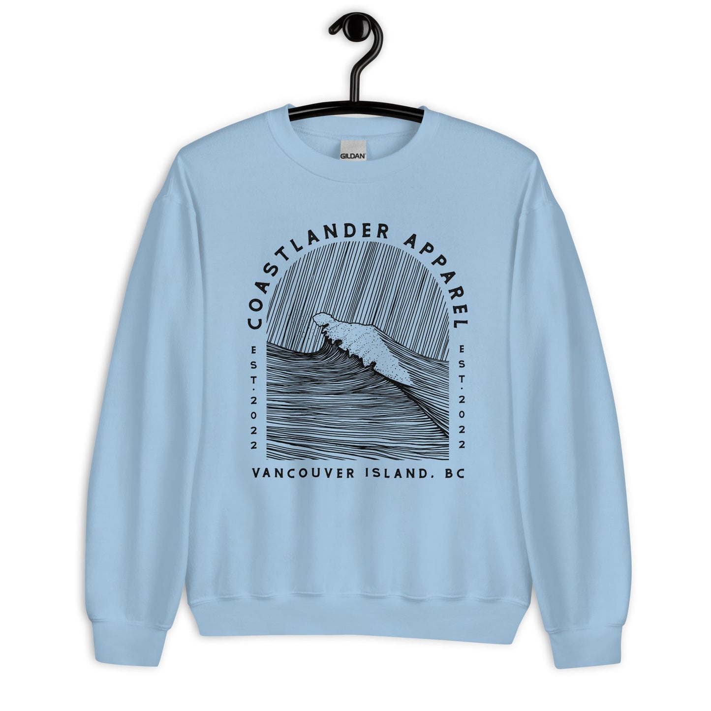 Design of Vancouver Island Wave Design - Black Line Art - Unisex Sweatshirt , the colour is Light Blue