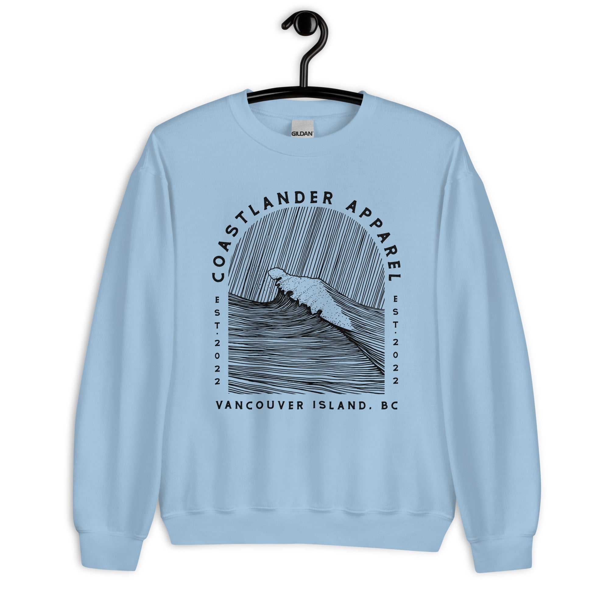 Design of Vancouver Island Wave Design - Black Line Art - Unisex Sweatshirt , the colour is Light Blue
