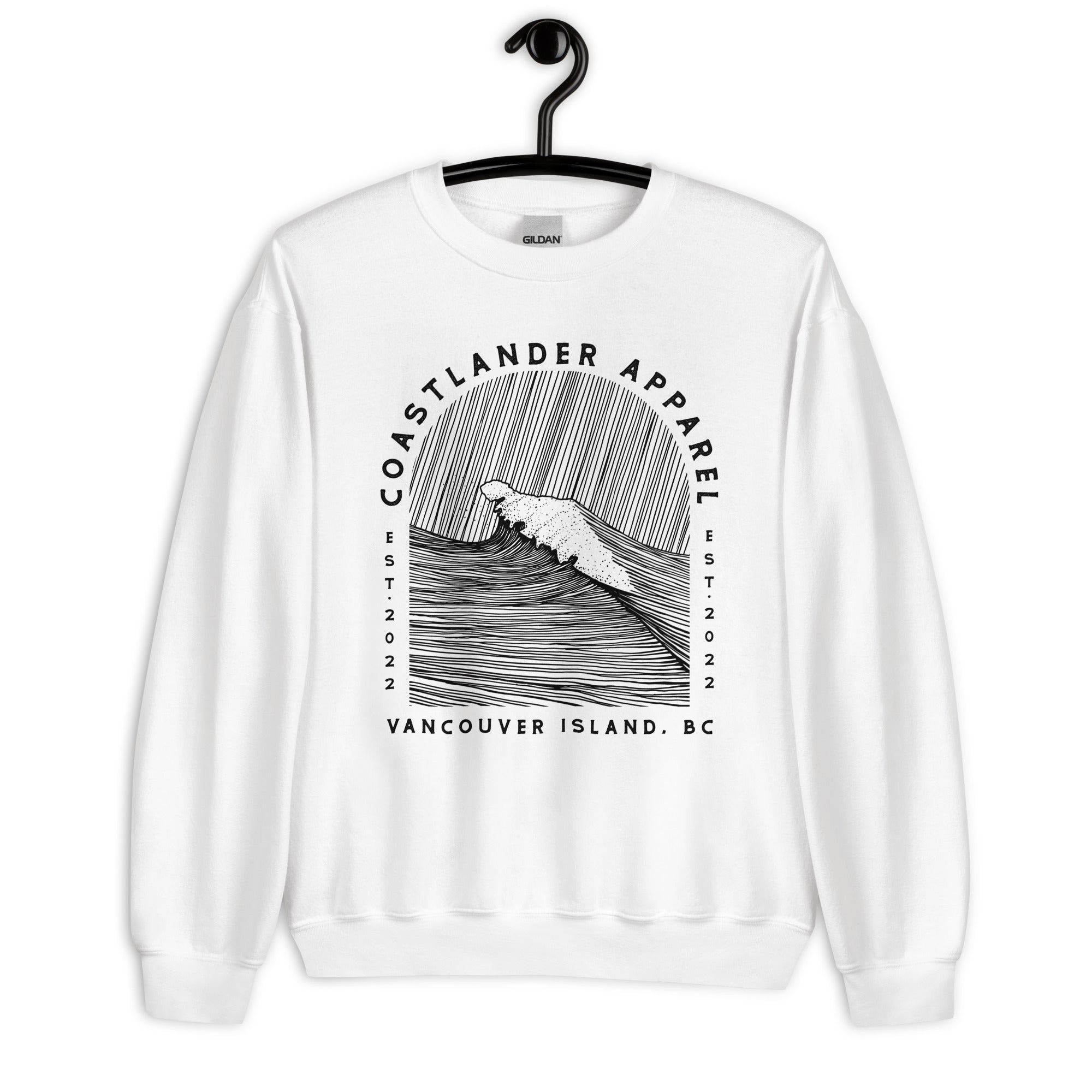Design of Vancouver Island Wave Design - Black Line Art - Unisex Sweatshirt , the colour is White