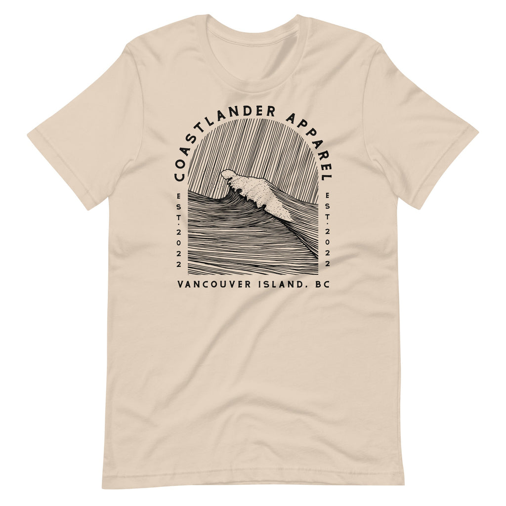 Design of Vancouver Island Wave Design - Black Line Art - Unisex t-shirt , the colour is Soft Cream