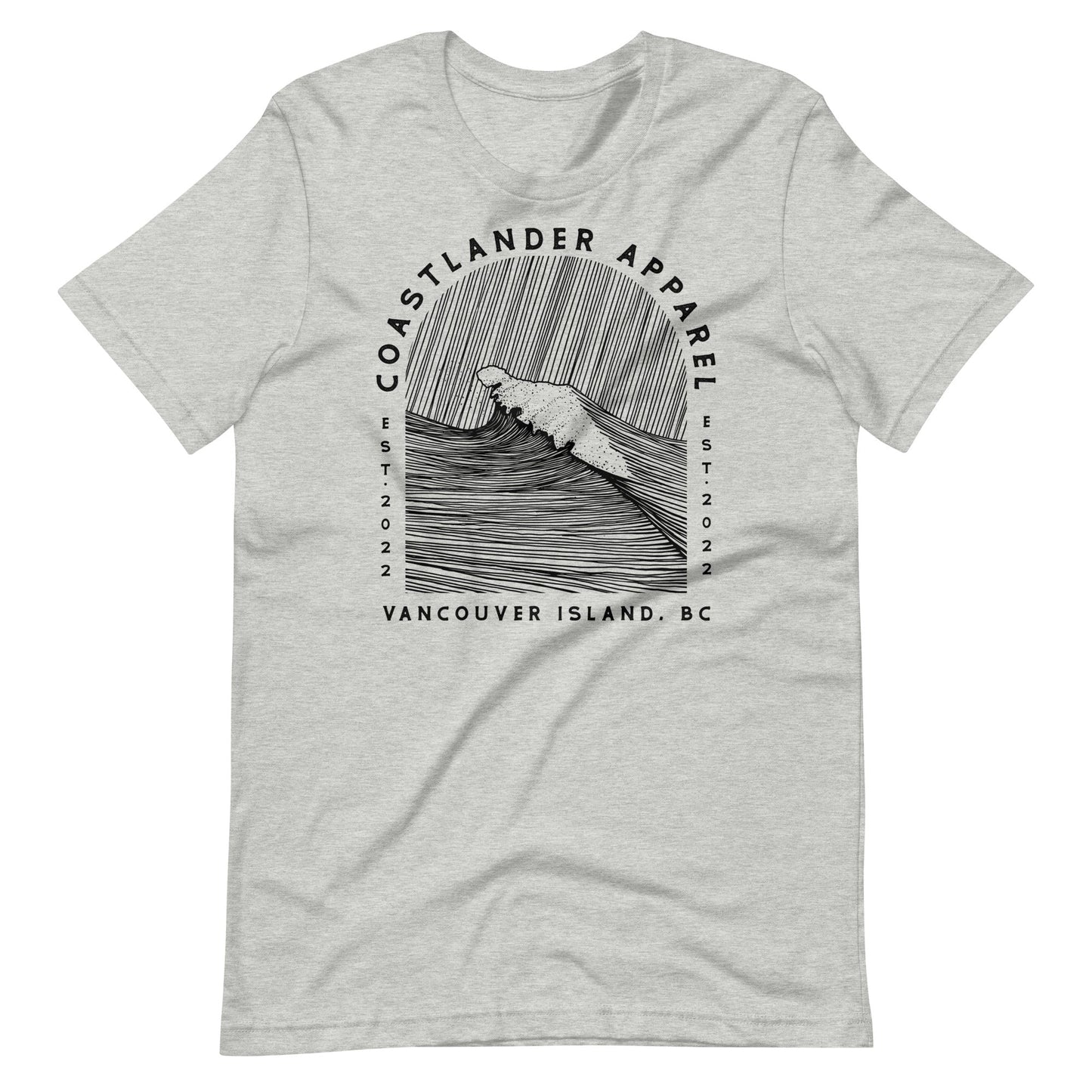 Design of Vancouver Island Wave Design - Black Line Art - Unisex t-shirt , the colour is Athletic Heather