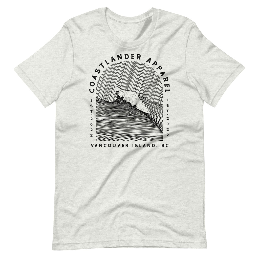 Design of Vancouver Island Wave Design - Black Line Art - Unisex t-shirt , the colour is Ash