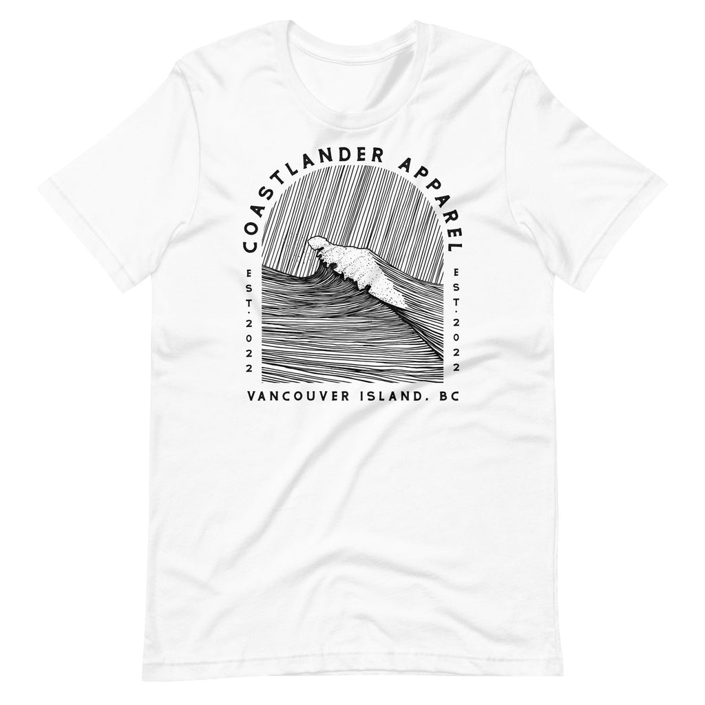 Design of Vancouver Island Wave Design - Black Line Art - Unisex t-shirt , the colour is White