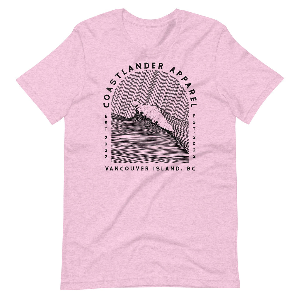 Design of Vancouver Island Wave Design - Black Line Art - Unisex t-shirt , the colour is Heather Prism Lilac