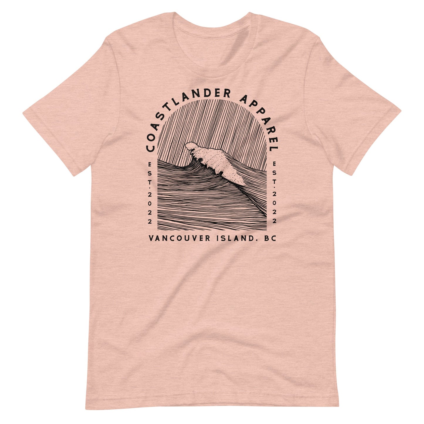 Design of Vancouver Island Wave Design - Black Line Art - Unisex t-shirt , the colour is Heather Prism Peach