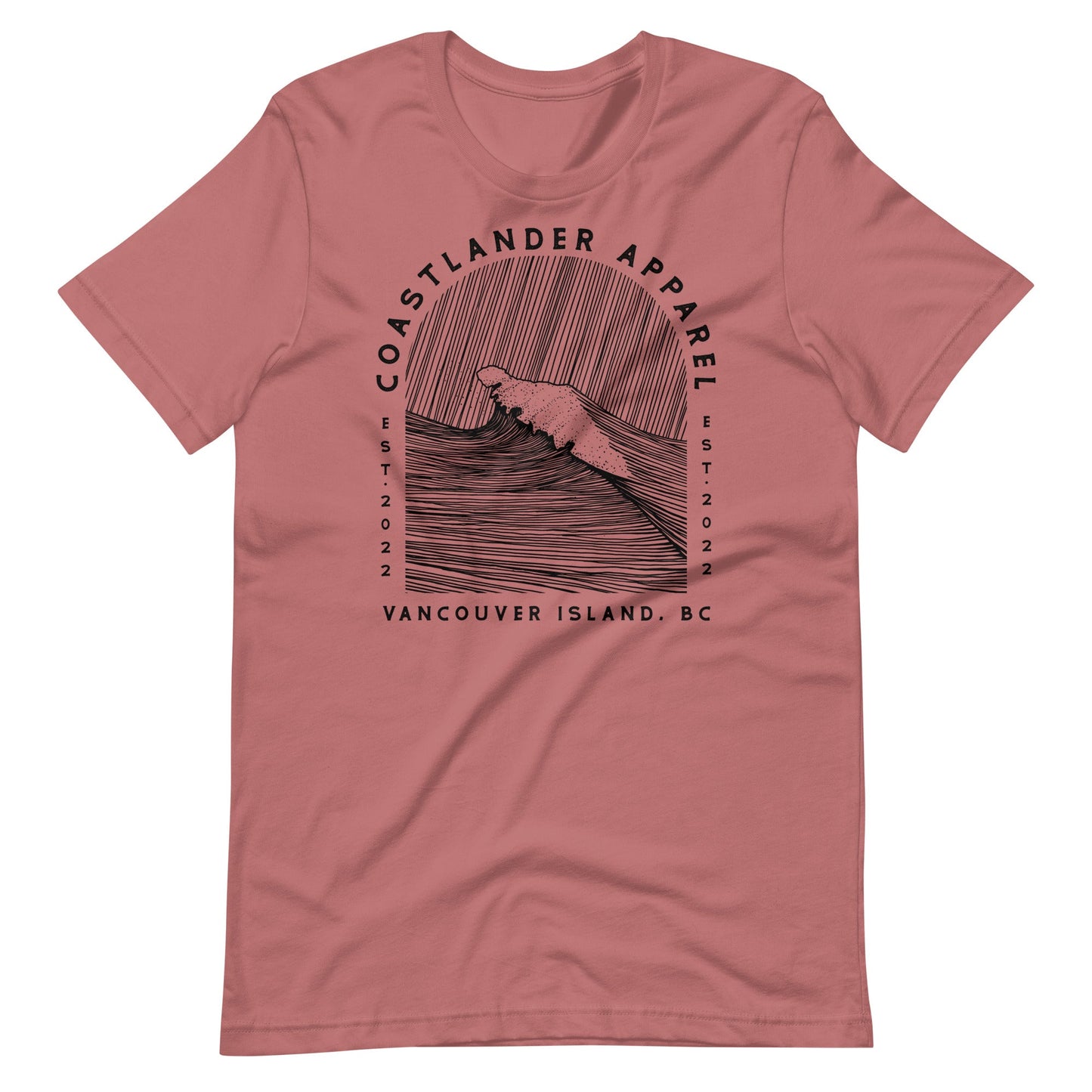 Design of Vancouver Island Wave Design - Black Line Art - Unisex t-shirt , the colour is Mauve