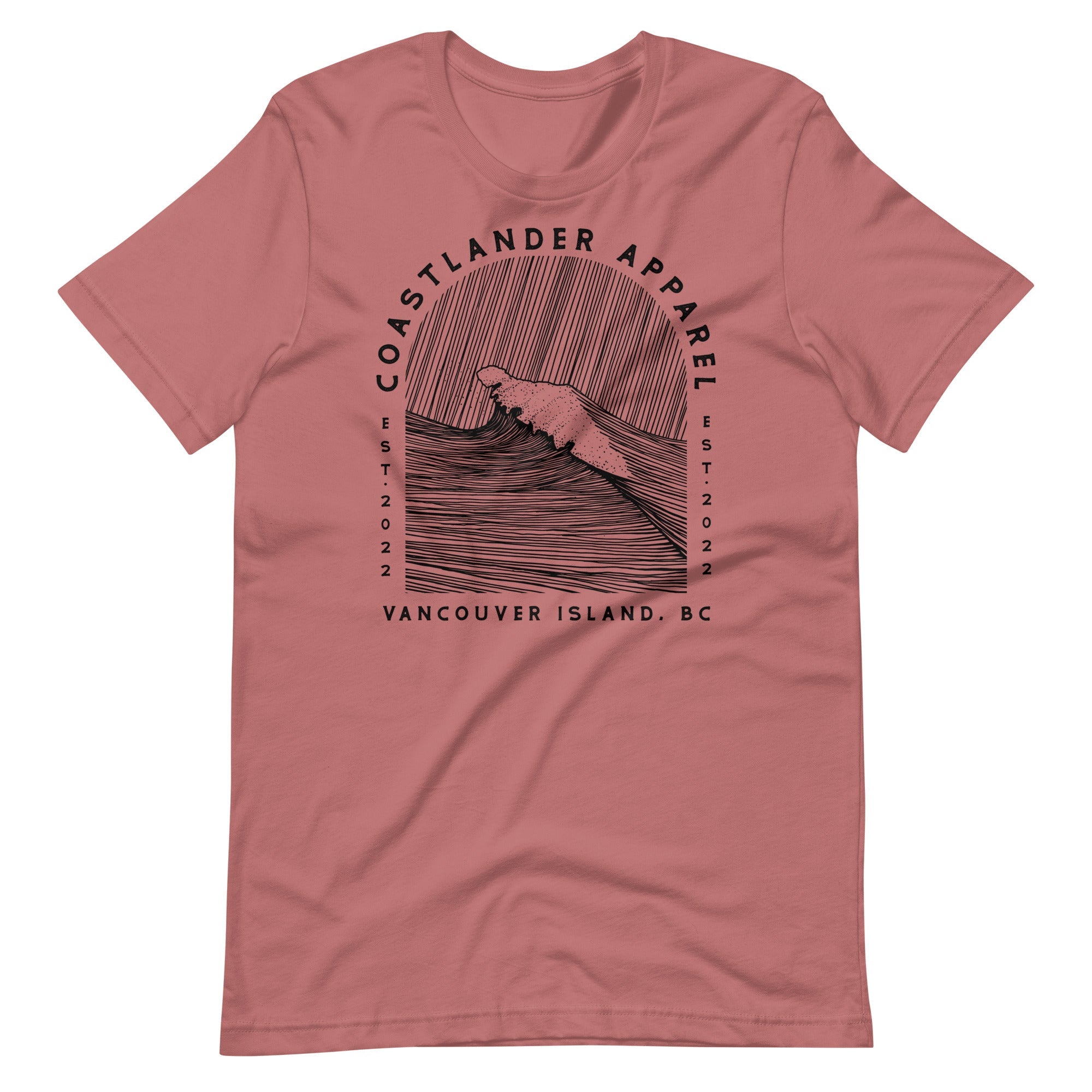 Design of Vancouver Island Wave Design - Black Line Art - Unisex t-shirt , the colour is Mauve