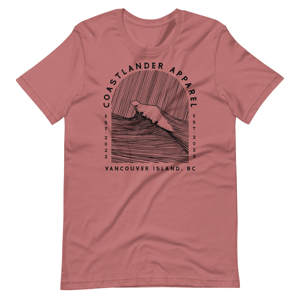 Design of Vancouver Island Wave Design - Black Line Art - Unisex t-shirt , the colour is Mauve