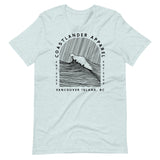 Design of Vancouver Island Wave Design - Black Line Art - Unisex t-shirt , the colour is Heather Prism Ice Blue