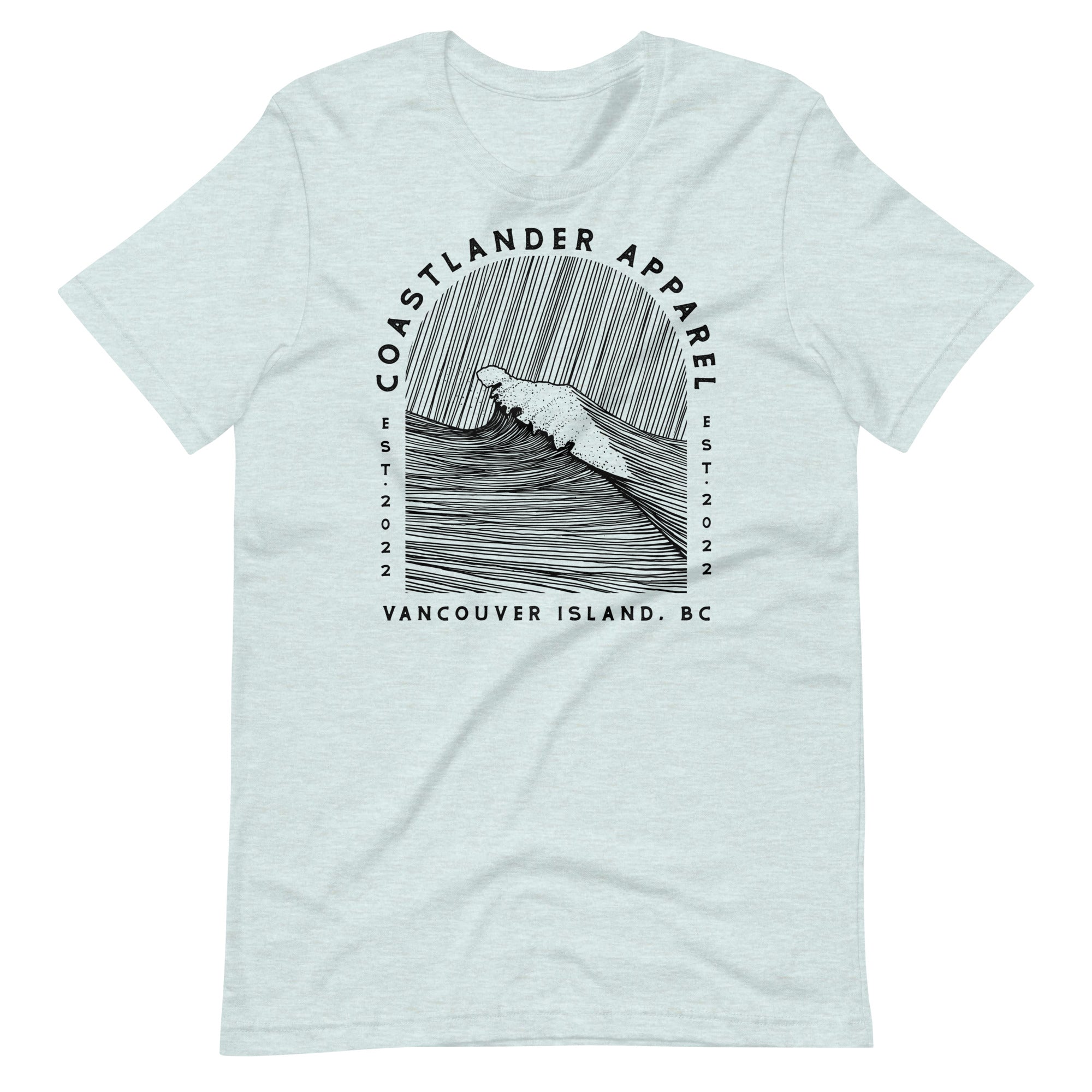 Design of Vancouver Island Wave Design - Black Line Art - Unisex t-shirt , the colour is Heather Prism Ice Blue