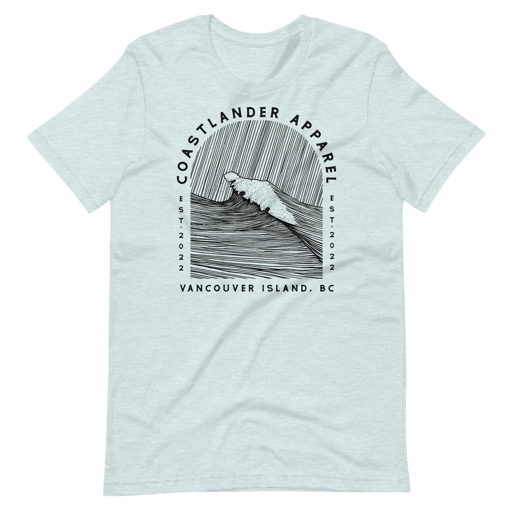 Design of Vancouver Island Wave Design - Black Line Art - Unisex t-shirt , the colour is Heather Prism Ice Blue