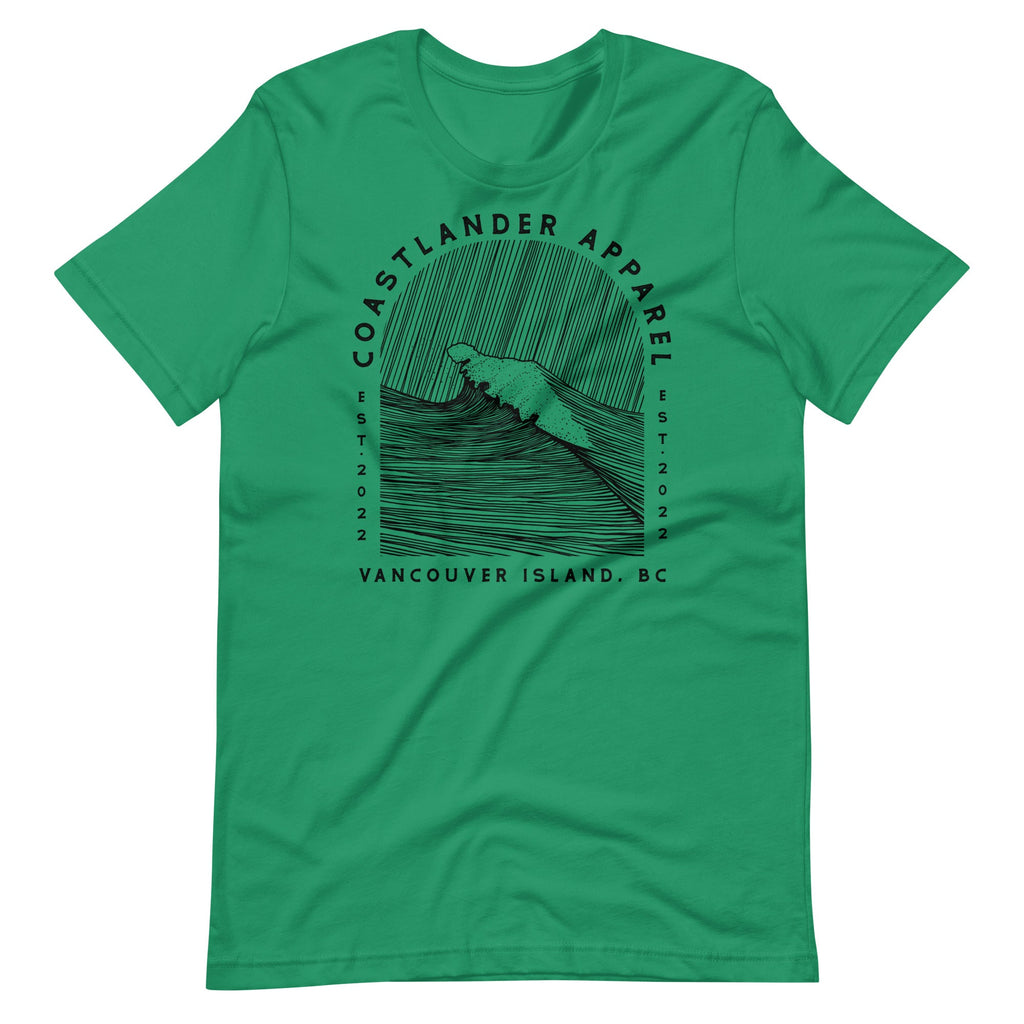 Design of Vancouver Island Wave Design - Black Line Art - Unisex t-shirt , the colour is Kelly
