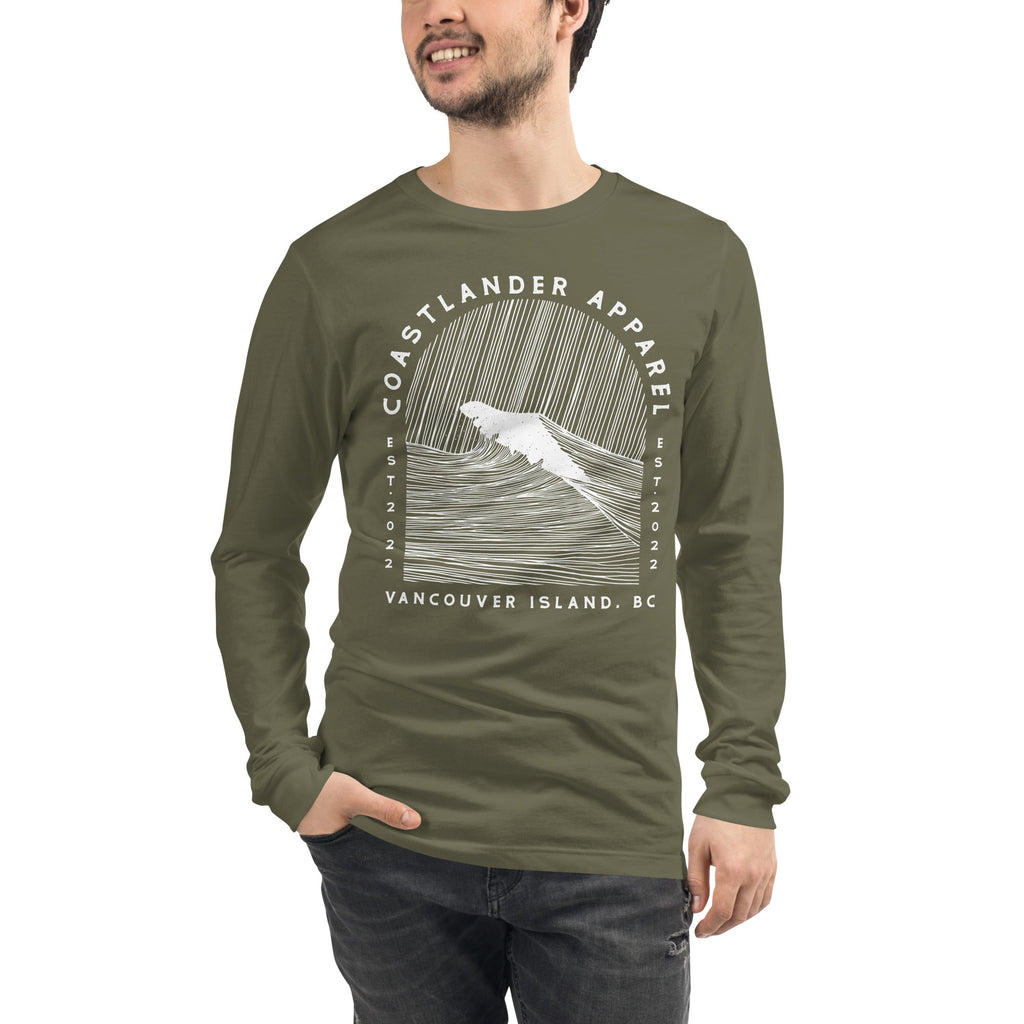 Design of Vancouver Island Wave Design - Unisex Long Sleeve Tee , the colour is Military Green