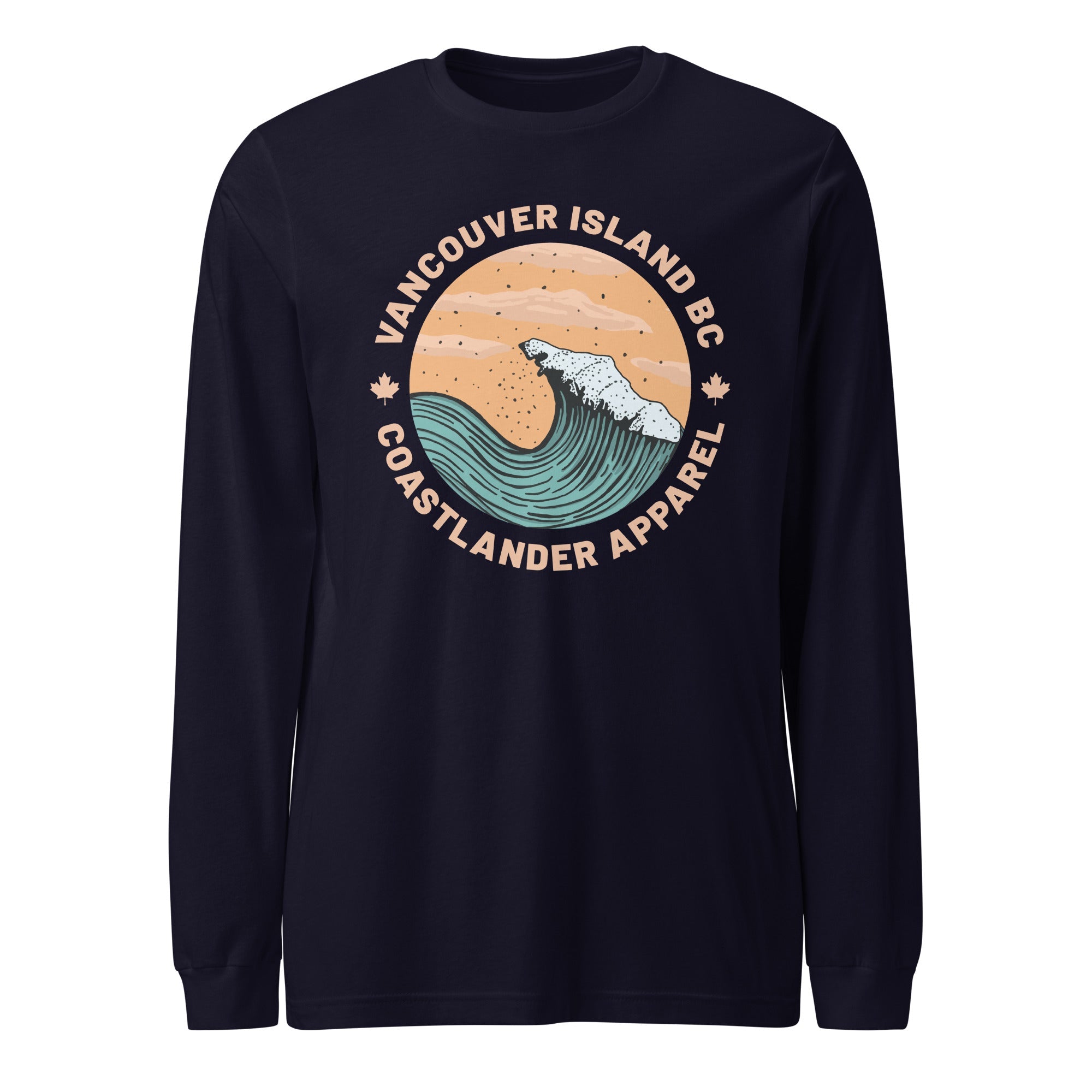 Design of Vancouver Island Wave Design - Unisex Long Sleeve Tee , the colour is Navy