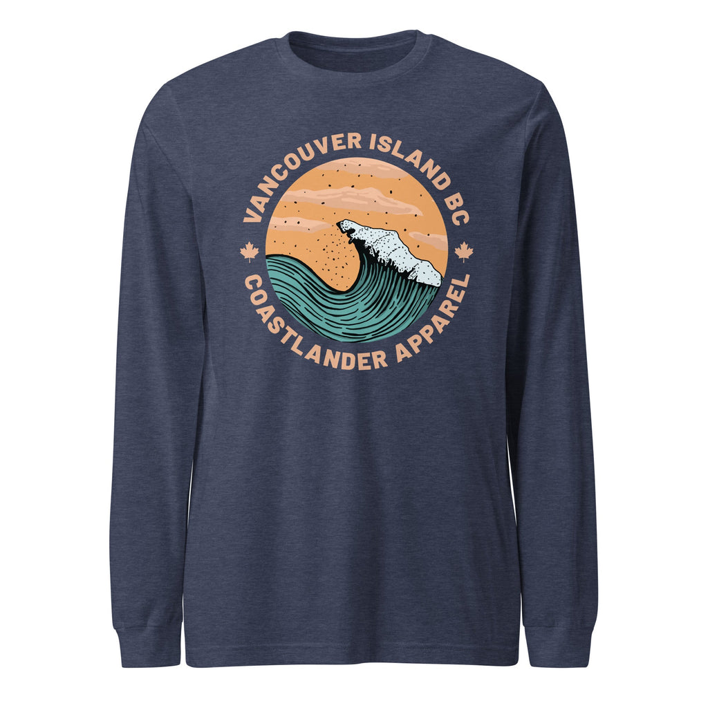 Design of Vancouver Island Wave Design - Unisex Long Sleeve Tee , the colour is Heather Navy
