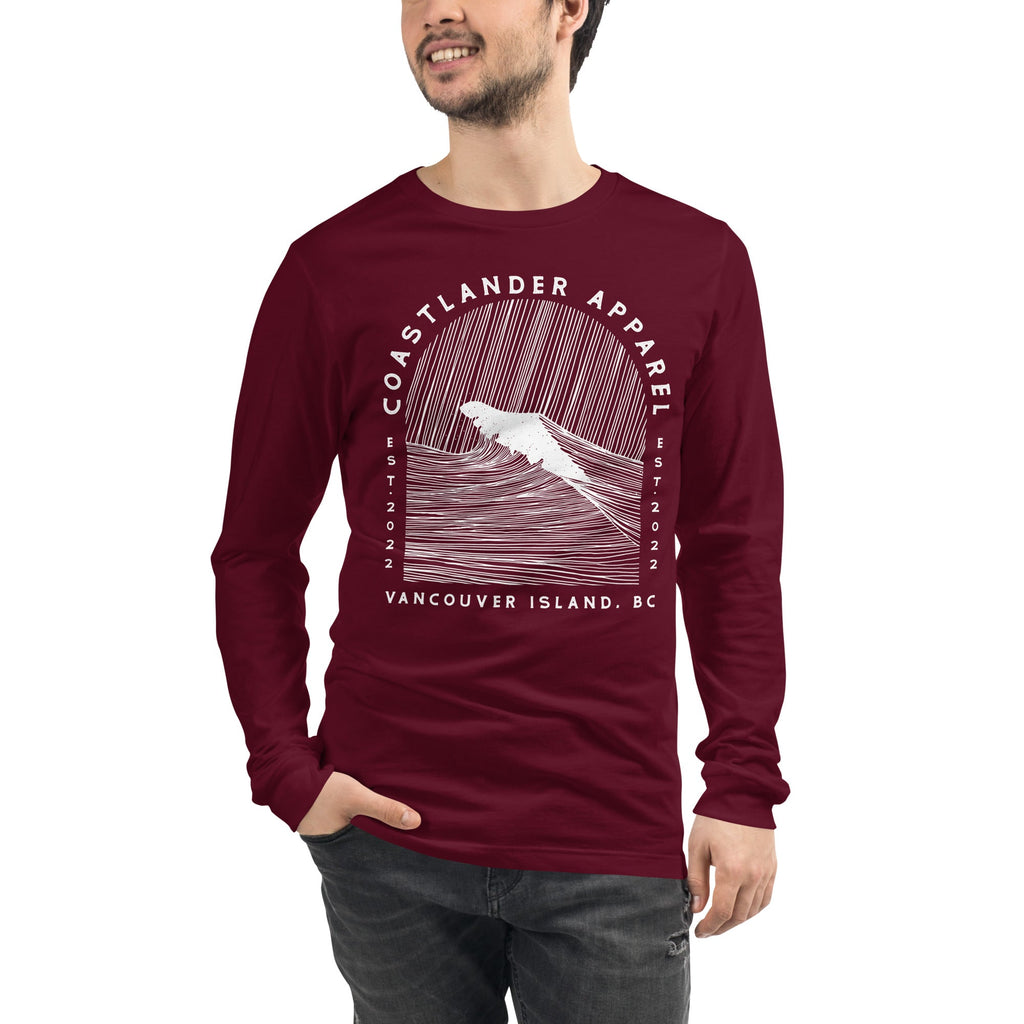 Design of Vancouver Island Wave Design - Unisex Long Sleeve Tee , the colour is Maroon