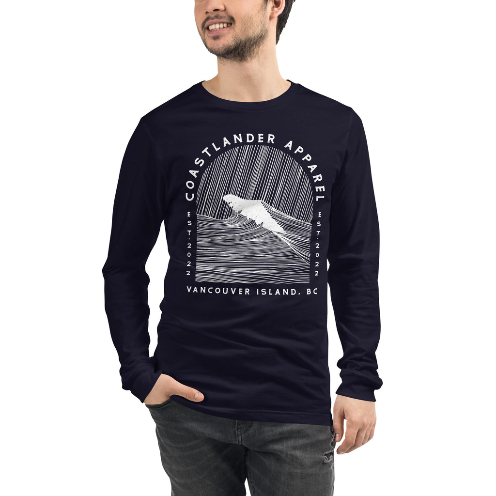 Design of Vancouver Island Wave Design - Unisex Long Sleeve Tee , the colour is Navy