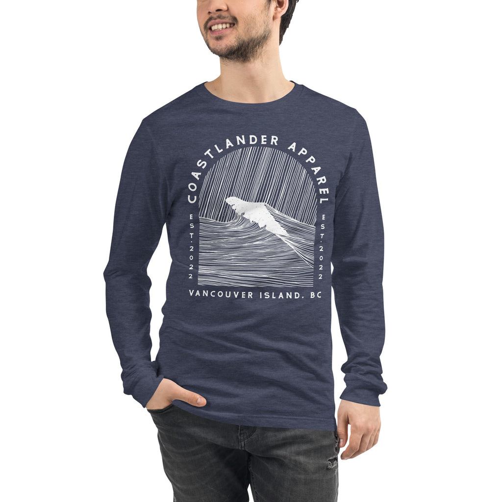 Design of Vancouver Island Wave Design - Unisex Long Sleeve Tee , the colour is Heather Navy