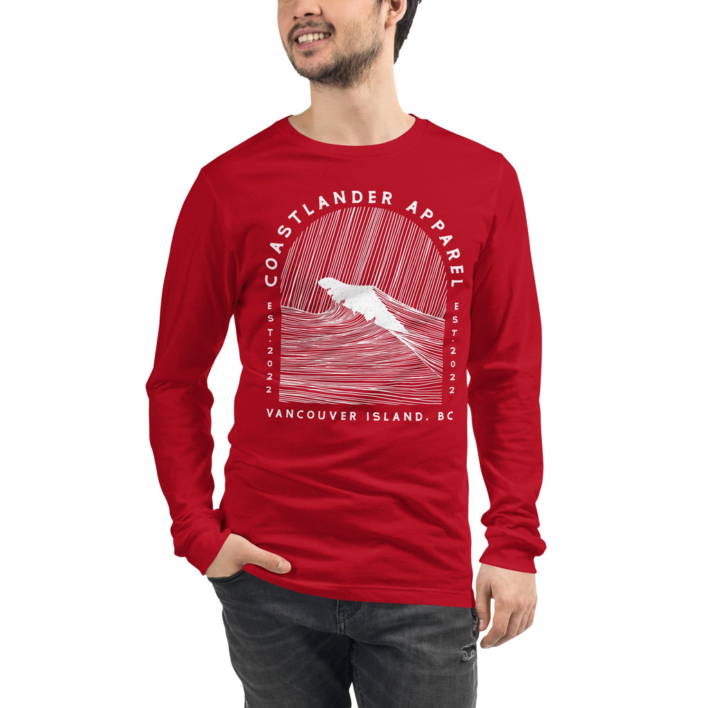 Design of Vancouver Island Wave Design - Unisex Long Sleeve Tee , the colour is Red