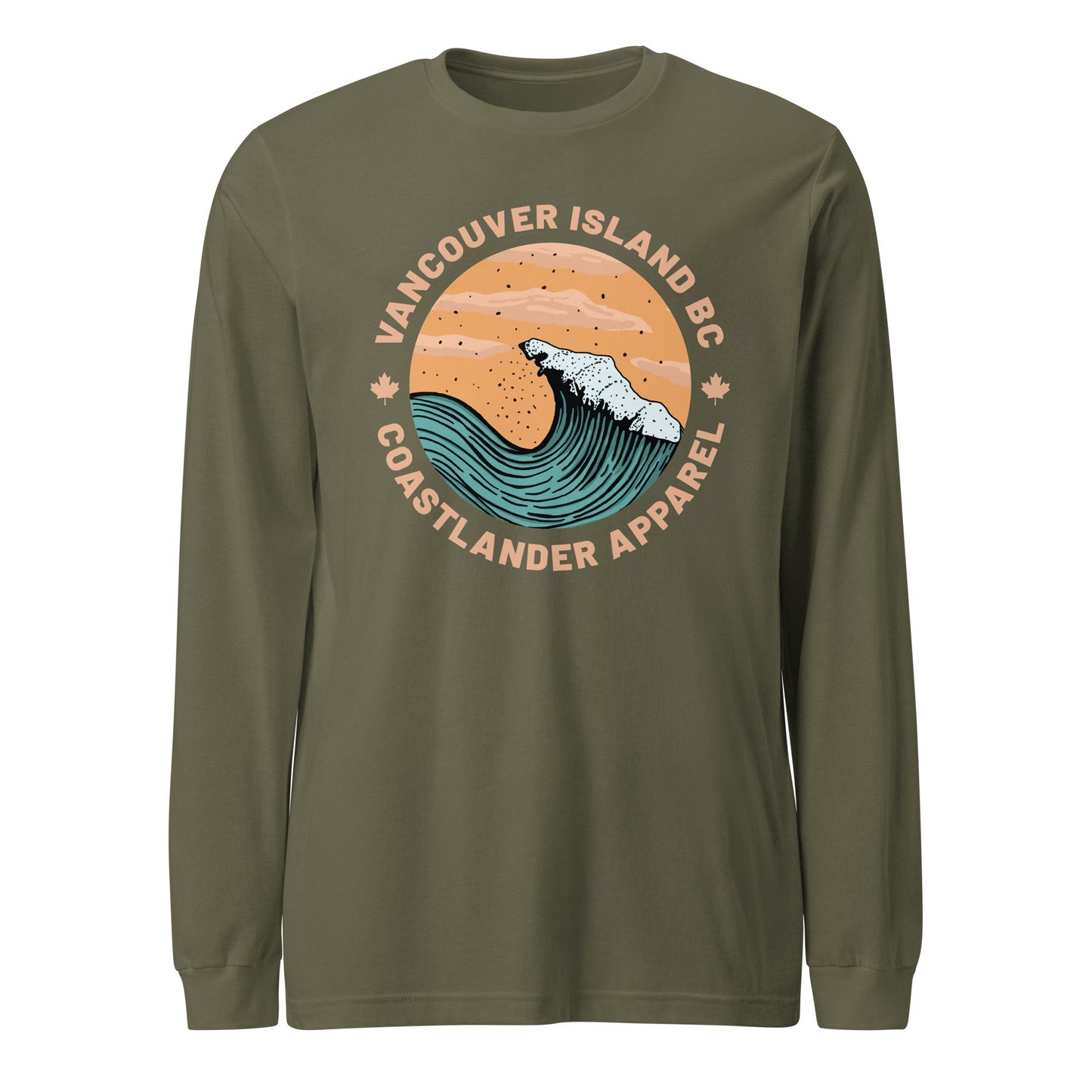 Design of Vancouver Island Wave Design - Unisex Long Sleeve Tee , the colour is Military Green