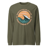 Design of Vancouver Island Wave Design - Unisex Long Sleeve Tee , the colour is Military Green