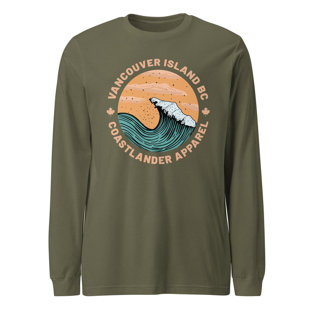 Design of Vancouver Island Wave Design - Unisex Long Sleeve Tee , the colour is Military Green