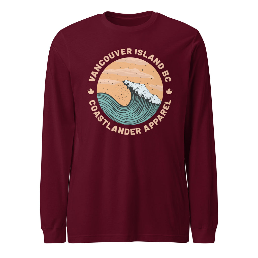 Design of Vancouver Island Wave Design - Unisex Long Sleeve Tee , the colour is Maroon