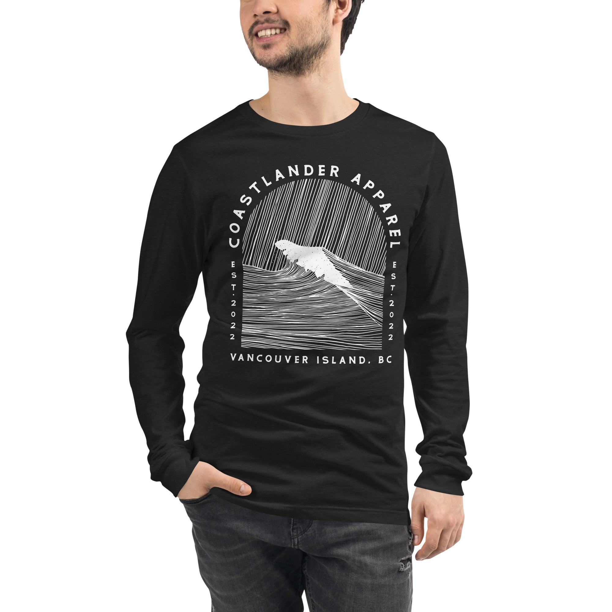 Design of Vancouver Island Wave Design - Unisex Long Sleeve Tee , the colour is Black Heather