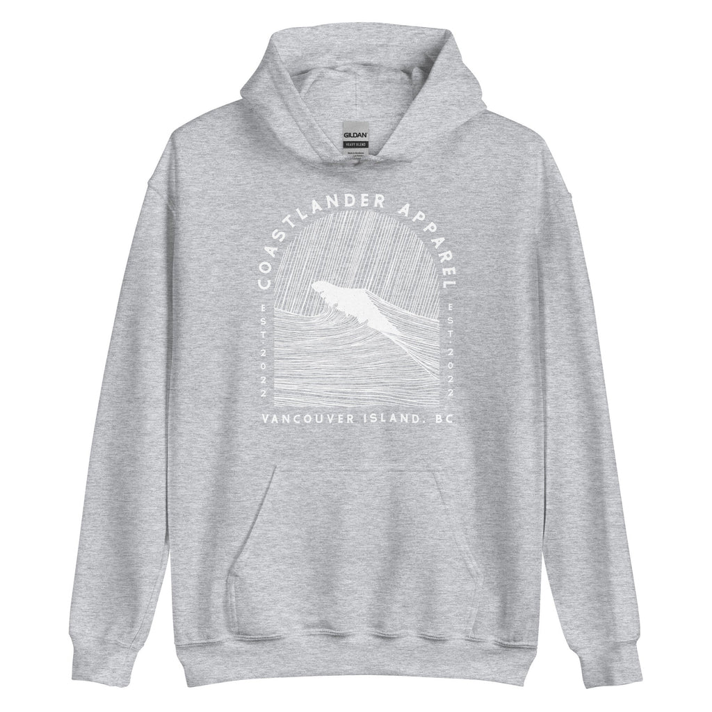 Design of Vancouver Island Wave Design - White Line Art - Unisex Hoodie , the colour is Sport Grey