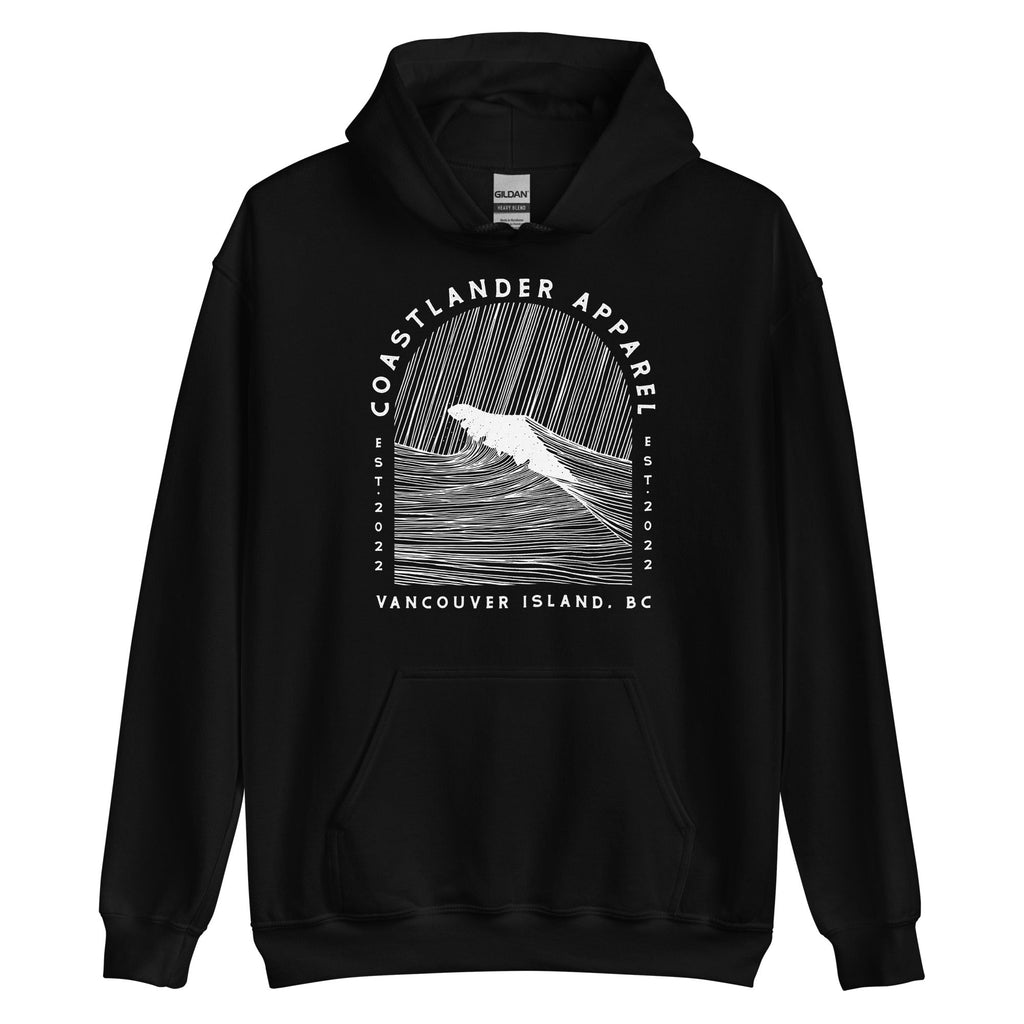 Design of Vancouver Island Wave Design - White Line Art - Unisex Hoodie , the colour is Black